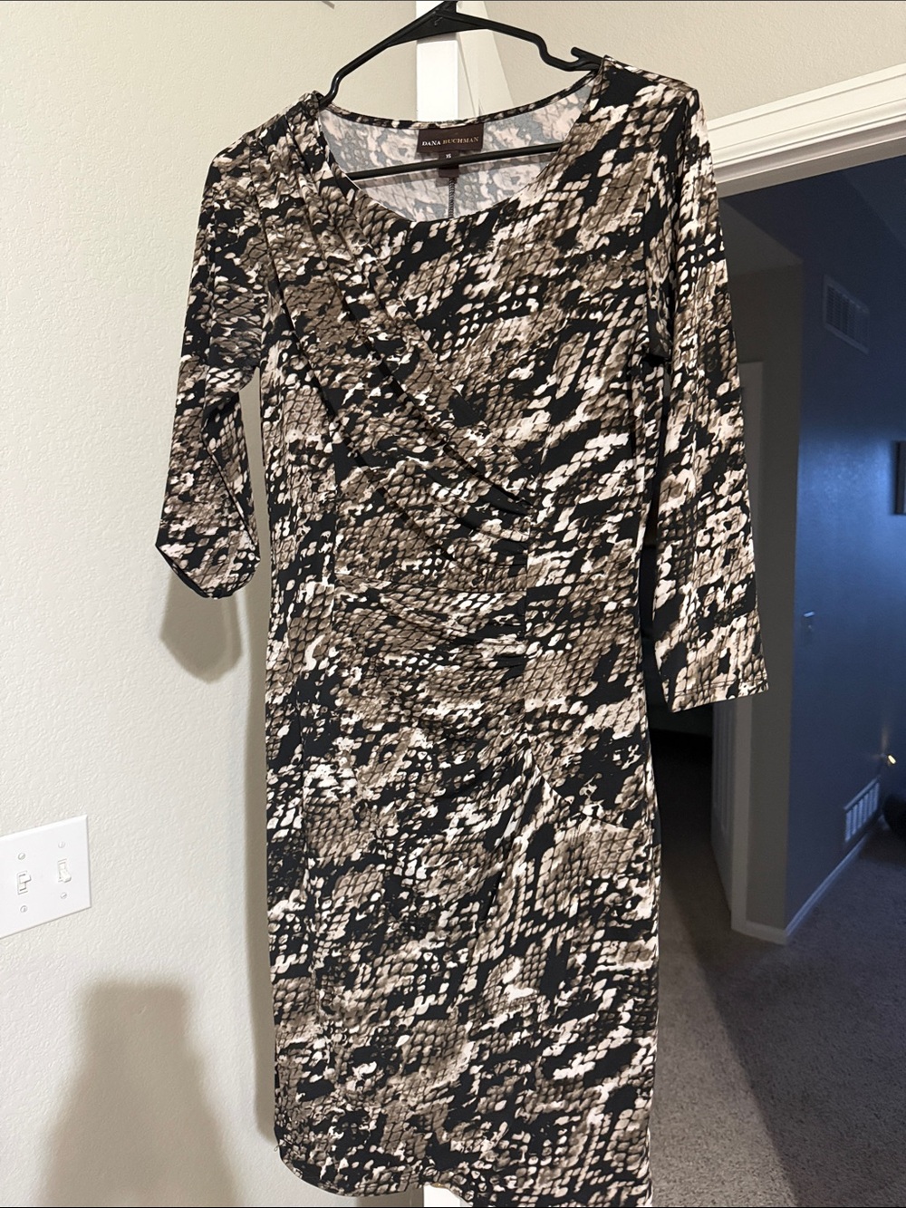Dana Buchman Black and Brown Printed Faux-Wrap Sheath Dress
